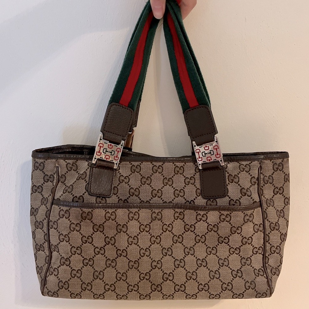 Gucci Brown Monogram Canvas Shoulder Bag with Stripe Handle - Picture 2 of 8